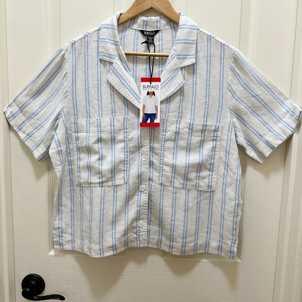 Buffalo Women's Linen Blend Cropped Shirt Top Size M Blue Coastal Stripe (NEW)
